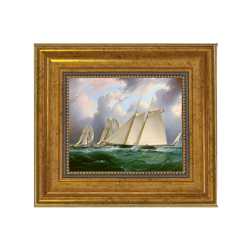 HMS Orion Oil Painting Print Reproduction On Canvas In Antiqued Gold Frame. A 5" x 6" frame to an 8-1/2" x 9-1/2".