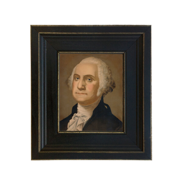 George Washington Framed Oil Painting Print on Canvas in Distressed Black Wood Frame. A 5 x 6