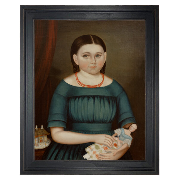 Mary Wilcox by Joseph Whiting Stock Primitive Folk Art Oil Painting Print on Canvas in Distressed Black Wood Frame
