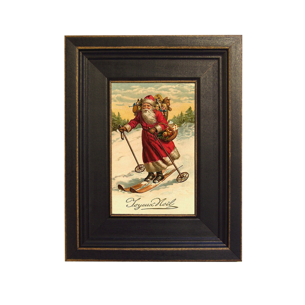 Santa on Skis Framed Oil Painting Print on Canvas in Distressed Black Wood Frame. A 4 x 6" framed to 7-1/2 x 9-1/2".