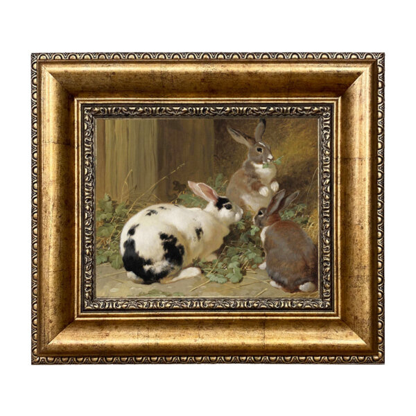 Three Rabbits Framed Oil Painting Print on Canvas in Antiqued Gold Leaf Frame. Painting is 8
