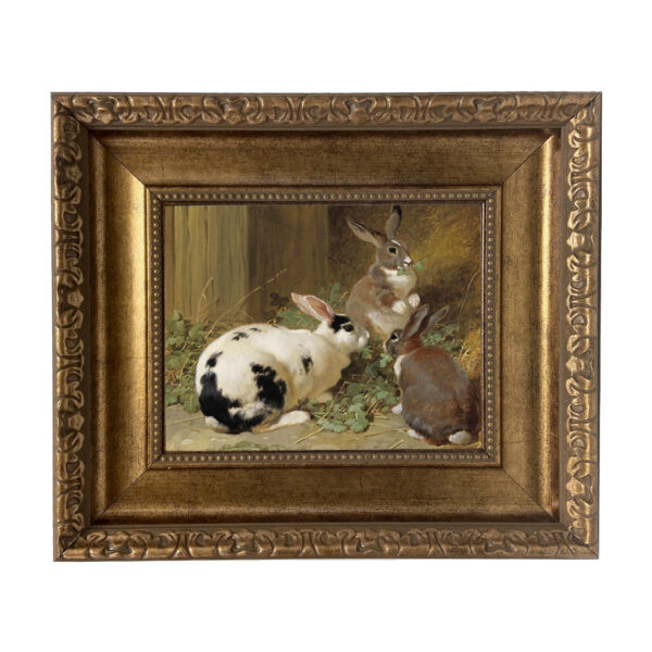 Three Rabbits Framed Oil Painting Print on Canvas in Antiqued Gold Frame. Painting is 8x10