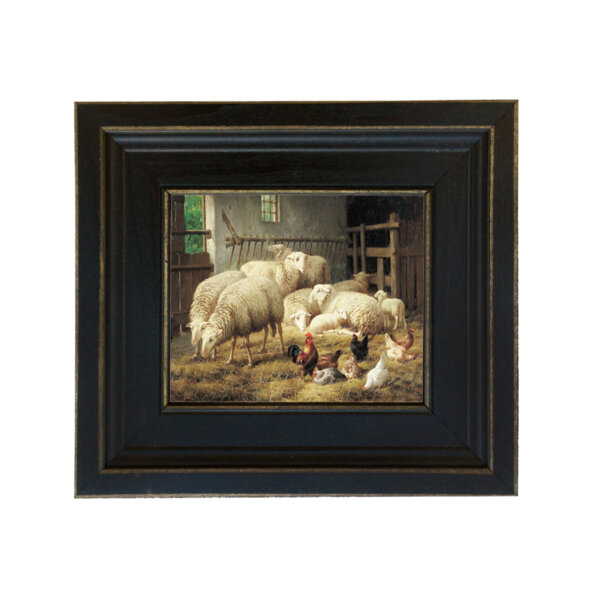 Sheep and Chickens Framed Oil Painting Print on Canvas in Distressed Black Wood Frame. A 5 x 6