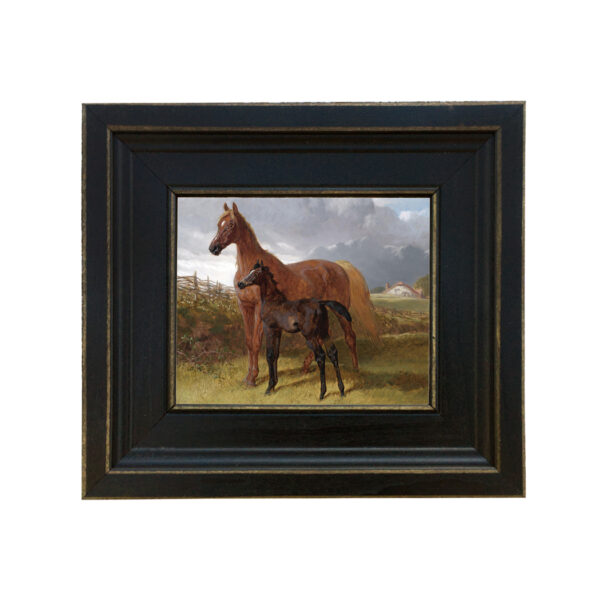 Mare and Foal Framed Oil Painting Print on Canvas in Distressed Black Wood Frame. A 5 x 6