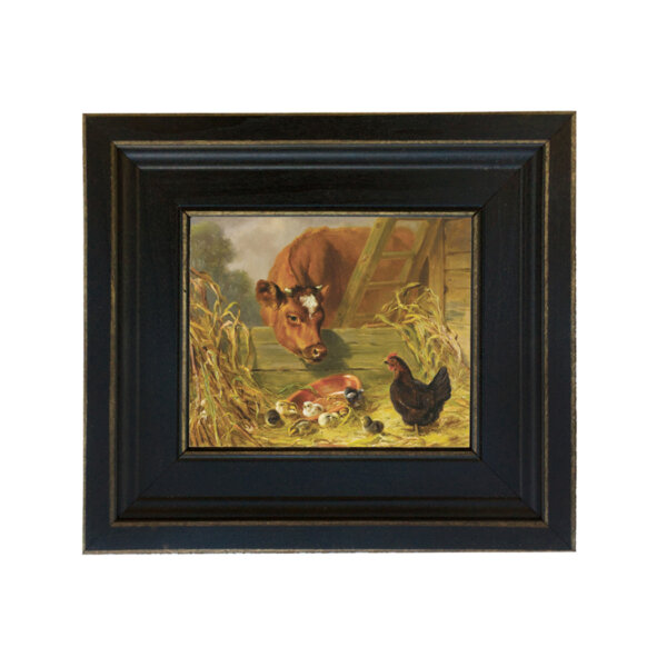 Cow with Chicks Framed Oil Painting Print on Canvas in Distressed Black Wood Frame. A 5