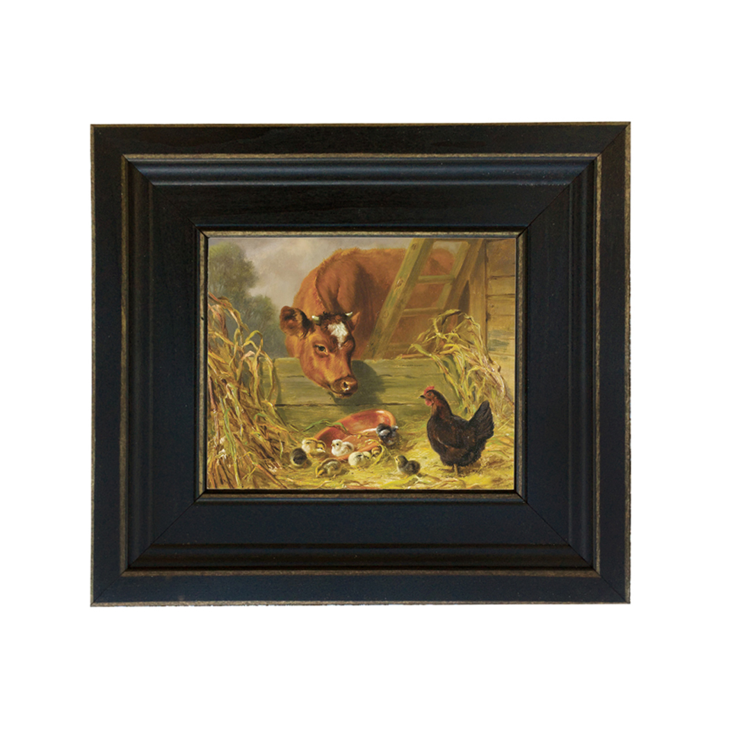 Cow with Chicks Framed Oil Painting Print on Canvas in Distressed Black Wood Frame. A 5" x 6" framed to 8-1/2" x 9-1/2".