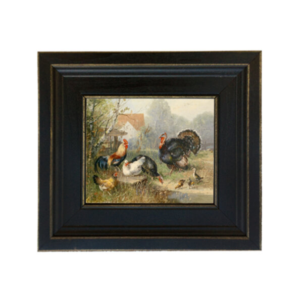 Turkey and Chickens Framed Oil Painting Print on Canvas in Distressed Black Wood Frame. A 5 x 6