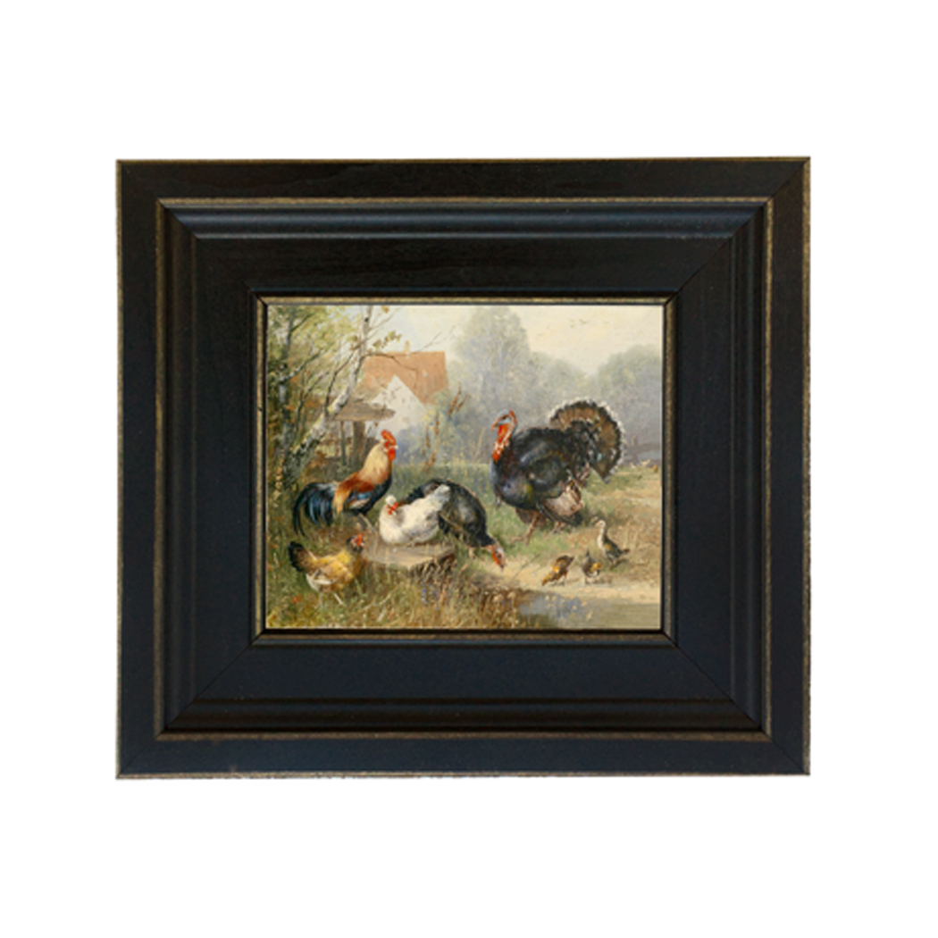 Turkey and Chickens Framed Oil Painting Print on Canvas in Distressed Black Wood Frame. A 5 x 6" framed to 8-1/2 x 9-1/2".