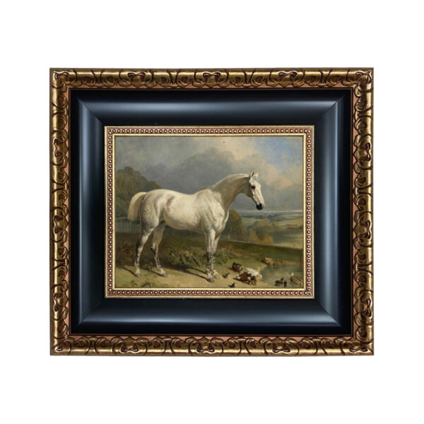 Gray Horse with Ducks Framed Oil Painting Print on Canvas in Black and Antiqued Gold Frame. An 8