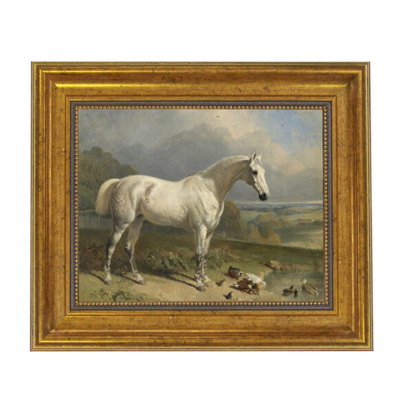 Gray Horse with Ducks Framed Oil Painting Print on Canvas in Antiqued Gold Frame. An 8 x 10