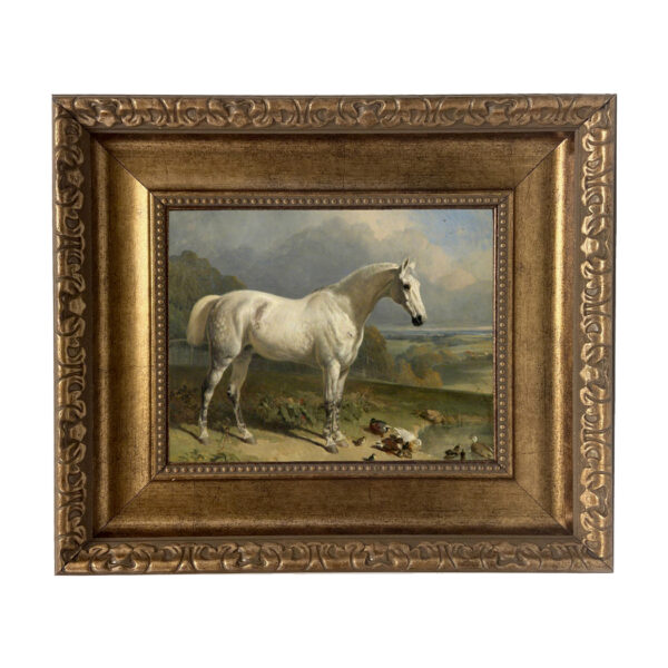 Gray Horse with Ducks Framed Oil Painting Print on Canvas in Wide Antiqued Gold Frame. An 8