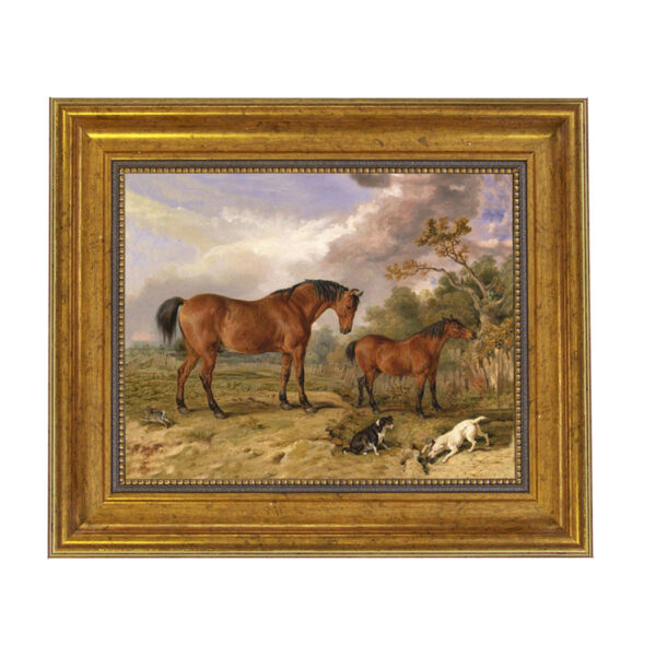 Two Horses with Dogs and Rabbit Framed Oil Painting Print on Canvas in Antiqued Gold Frame. An 8