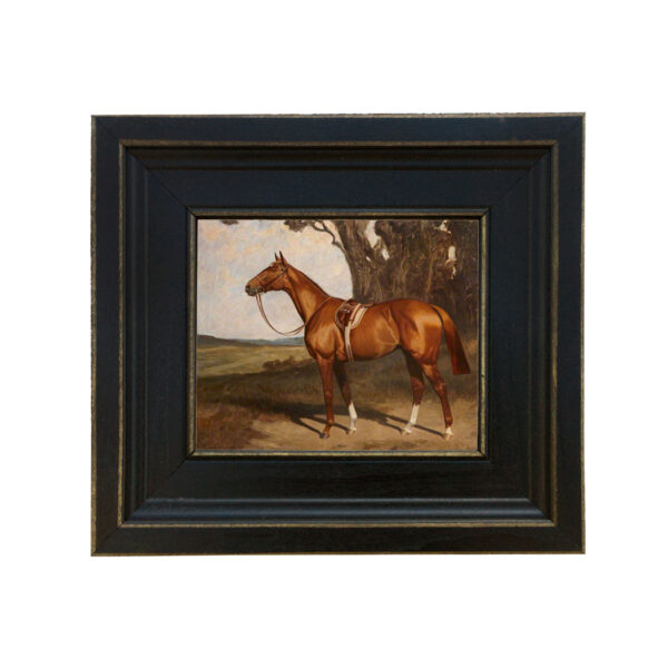Saddled Chestnut Race Horse by Lynwood Palmer Framed Oil Painting Print on Canvas in Distressed Black Wood Frame. A 5 x 6