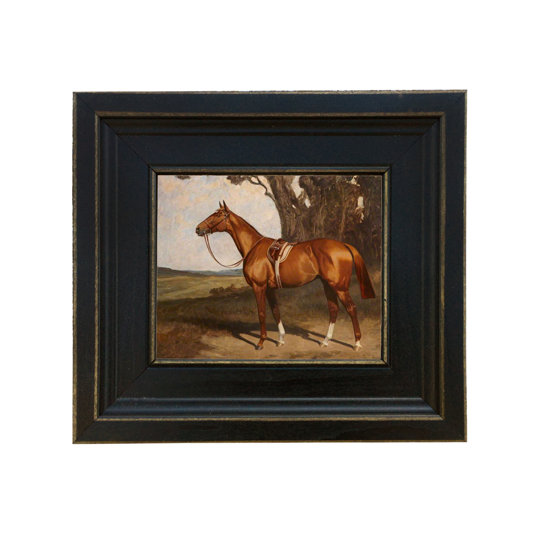 Saddled Chestnut Race Horse by Lynwood Palmer Framed Oil Painting Print on Canvas in Distressed Black Wood Frame. A 5 x 6" framed to 8-1/2 x 9-1/2".