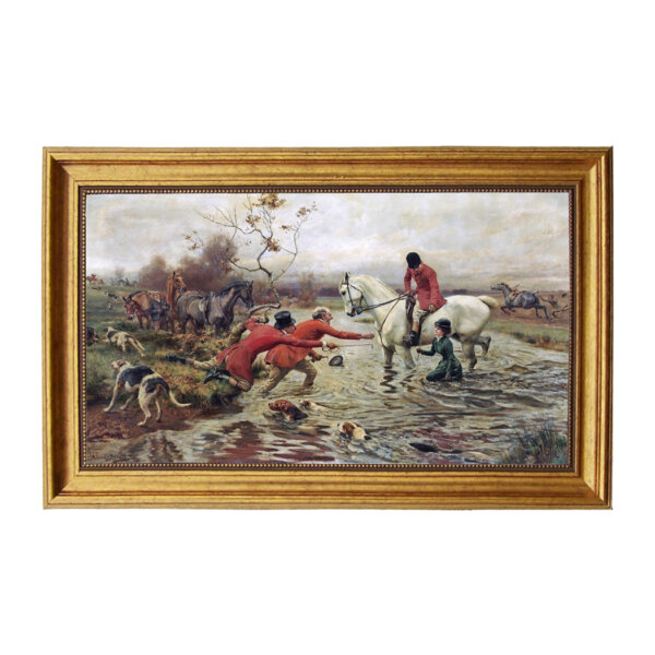 In The Creek Framed Equestrian Oil Painting Print on Canvas in Antiqued Gold Frame. A 13