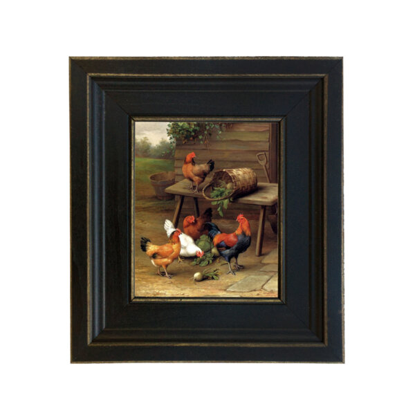 Roosters and Turnips Framed Oil Painting Print on Canvas in Distressed Black Wood Frame. A 5 x 6