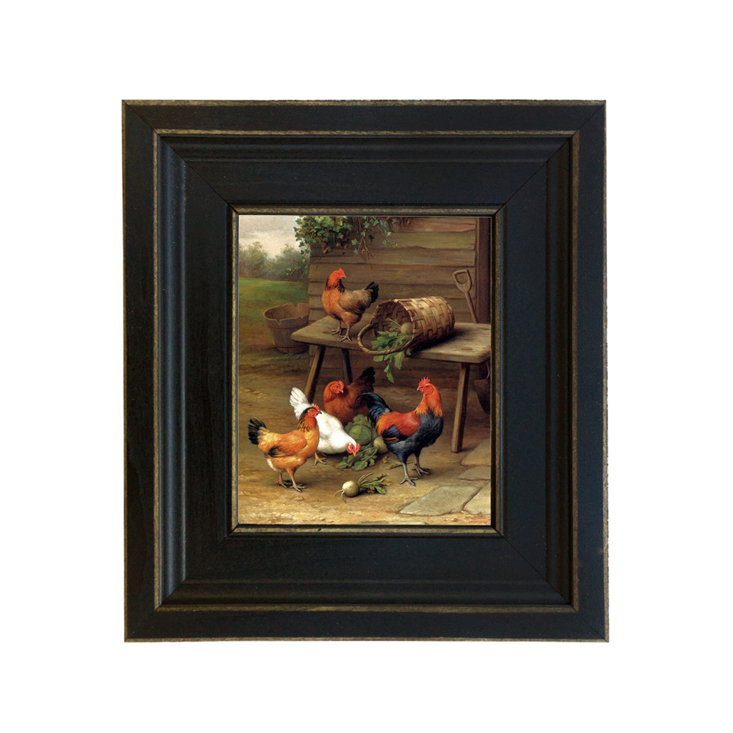 Roosters and Turnips Framed Oil Painting Print on Canvas in Distressed Black Wood Frame. A 5 x 6" framed to 8-1/2 x 9-1/2".