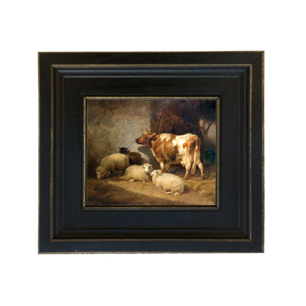 Cow and Sheep Framed Oil Painting Print on Canvas in Distressed Black Wood Frame. A 5 x 6