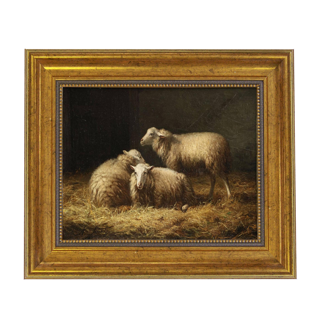 Sheep in the Hay Framed Oil Painting Print on Canvas in Antiqued Gold Frame. An 8 x 10" framed to 11-1/2 x 13-1/2".