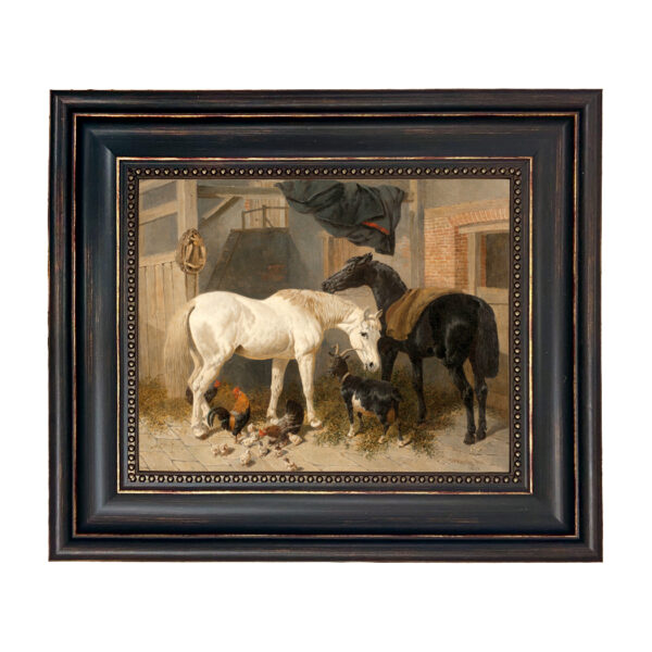 Horses - Goat and Chickens in Barn Framed Oil Painting Print on Canvas in Distressed Black Frame with Bead Accent. 8
