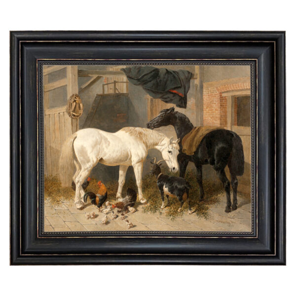 Horses - Goat and Chickens in Barn Framed Oil Painting Print on Canvas in Distressed Black Frame with Bead Accent. 16