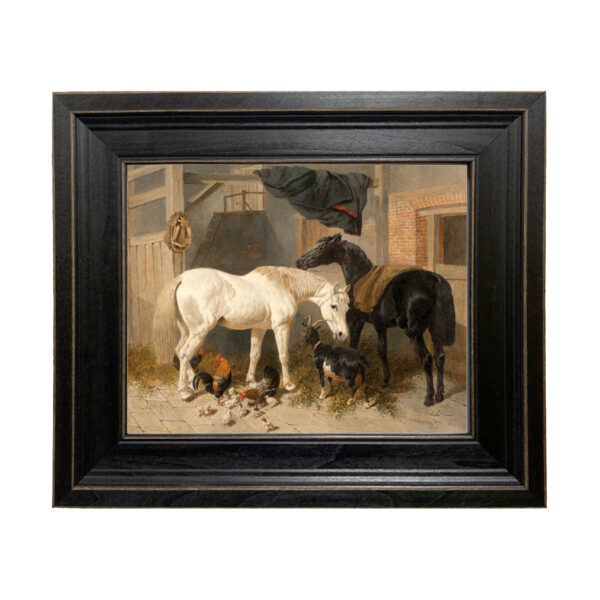 Horses - Goat and Chickens in Barn Oil Painting Print on Canvas in Distressed Black Frame. 8