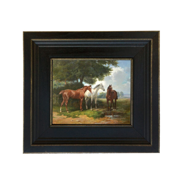 Three Horses Framed Oil Painting Print on Canvas in Distressed Black Wood Frame. A 5 x 6