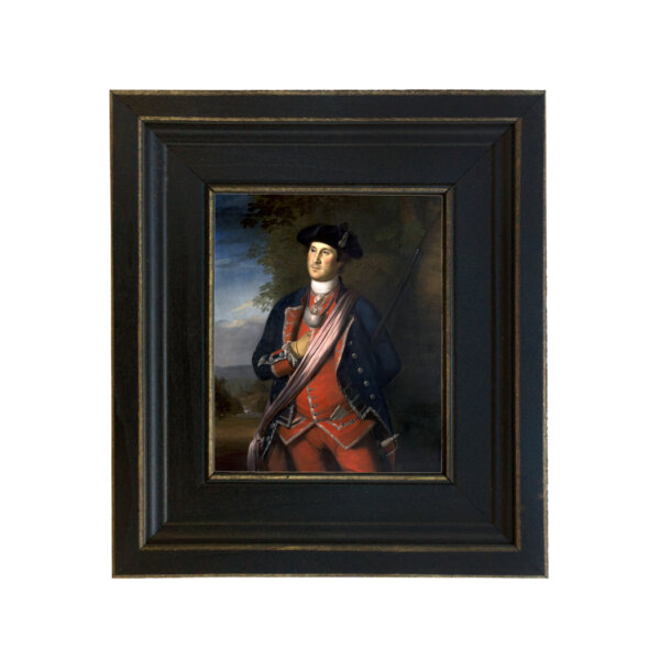 George Washington during French and Indian War Framed Oil Painting Print on Canvas in Distressed Black Wood Frame. A 5 x 6