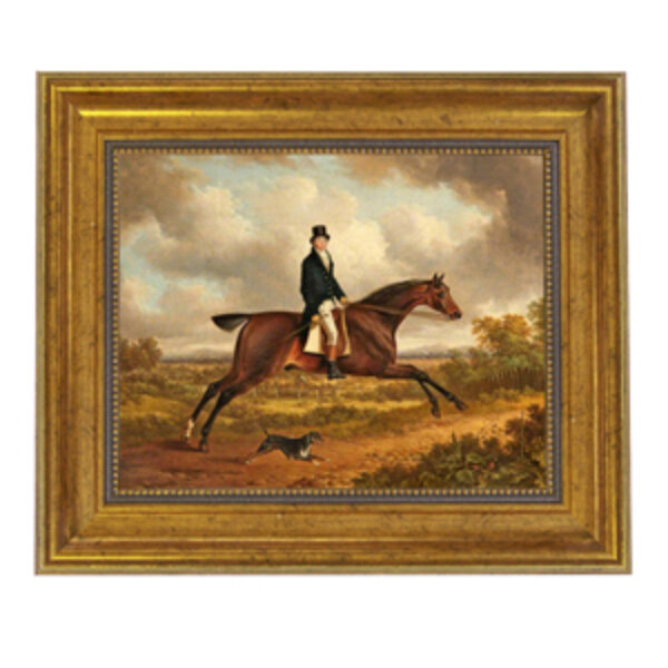 Down the Path Equestrian Fox Hunt Scene Oil Painting Print Reproduction On Canvas In Antiqued Gold Frame - 11-1/2
