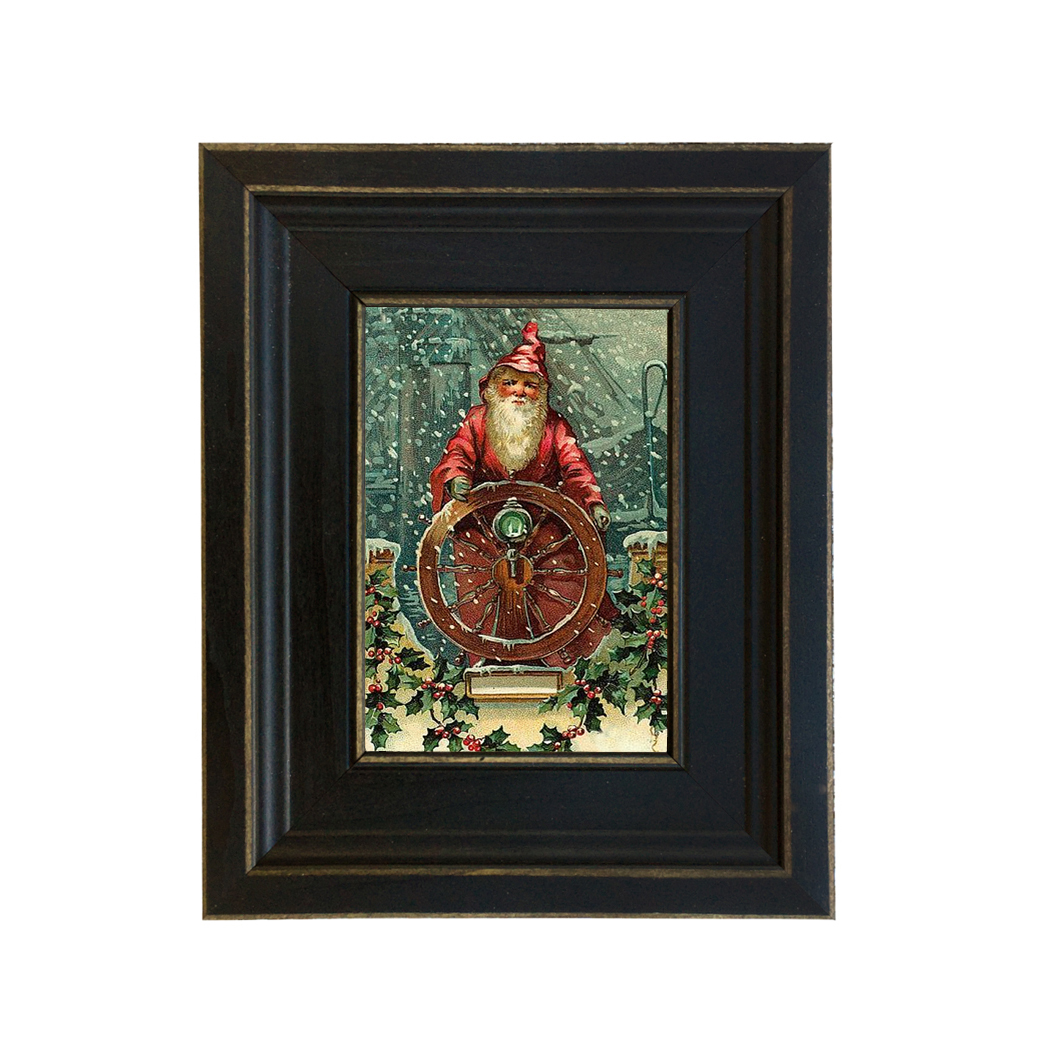 Santa at Ships Wheel Framed Oil Painting Print on Canvas in Distressed Black Wood Frame. A 4" x 6" framed to 7-1/2" x 9-1/2".
