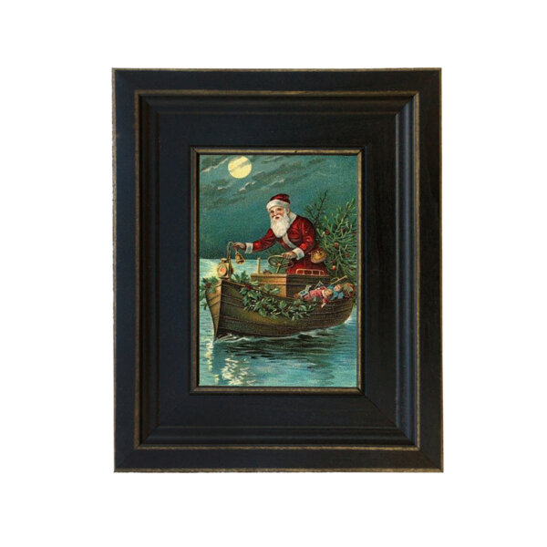 Santa Delivering Toys by Boat Framed Oil Painting Print on Canvas in Distressed Black Wood Frame. A 4