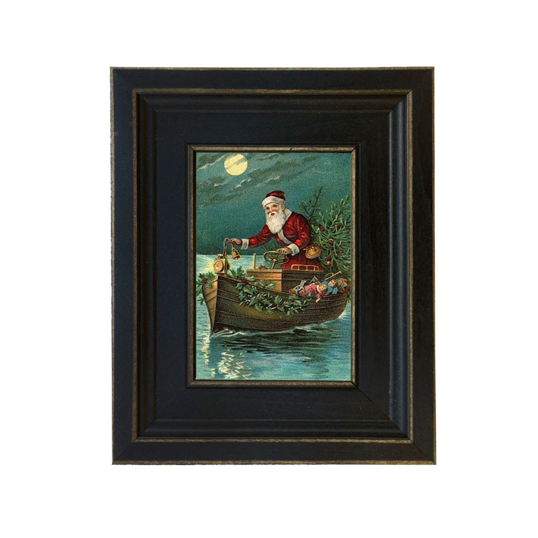Santa Delivering Toys by Boat Framed Oil Painting Print on Canvas in Distressed Black Wood Frame. A 4" x 6" framed to 7-1/2" x 9-1/2".