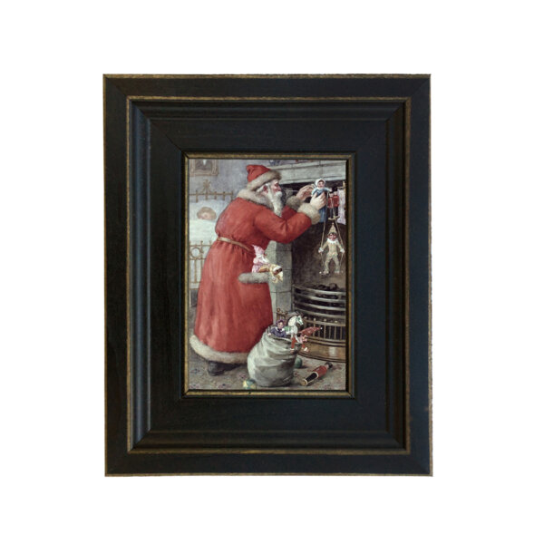Santa Filling Stockings Framed Oil Painting Print on Canvas in Distressed Black Wood Frame. A 4