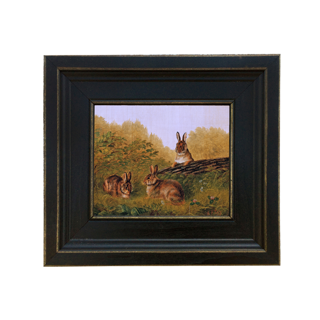 Bunnies in the Field Framed Oil Painting Print on Canvas in Distressed Black Wood Frame. A 5x6" framed to 8-1/2″ x 9-1/2".