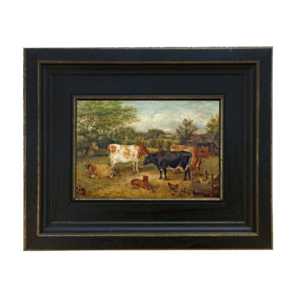 Cows and Chickens In a Meadow Framed Oil Painting Reproduction on Canvas in Distressed Black Solid Wood Frame – 7-1/2″ x 9-1/2″ framed size
