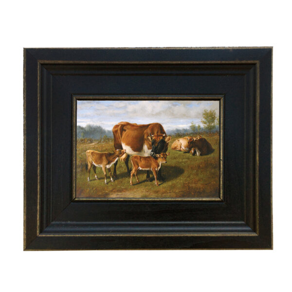 Cows with Calves Framed Oil Painting Reproduction on Canvas in Distressed Black Solid Wood Frame – 7-1/2″ x 9-1/2″ framed size
