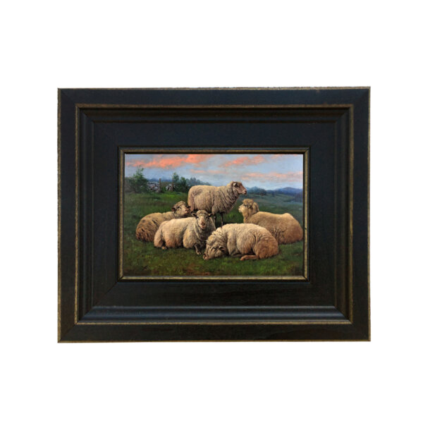 Sheep at Sunrise Oil Painting Reproduction on Canvas in Distressed Black Solid Wood Frame. A 4