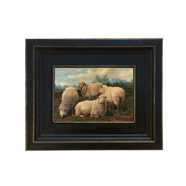 Flock of Sheep Gathered Oil Painting Reproduction on Canvas in Distressed Black Solid Ash Frame – 7-1/2″ x 9-1/2″ framed size