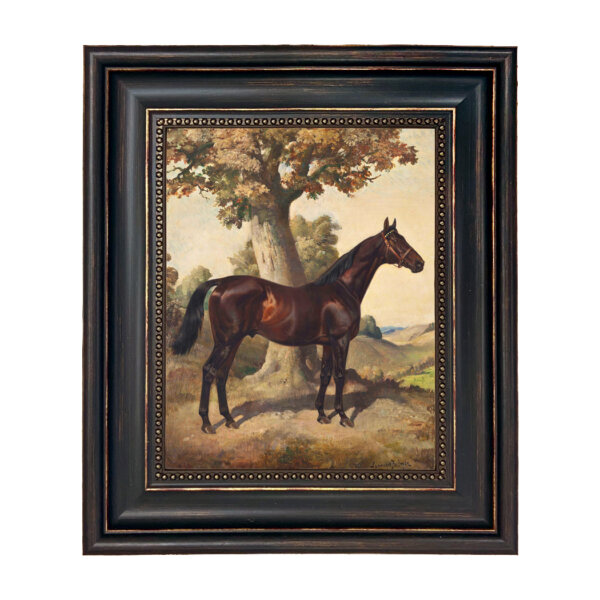 Dark Chestnut Horse Ethelbruce by Lynwood Palmer Framed Oil Painting Print on Canvas in Distressed Black Frame with Bead Accent - 8