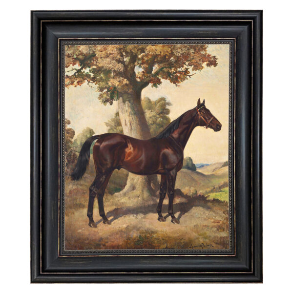 Dark Chestnut Horse Ethelbruce by Lynwood Palmer Framed Oil Painting Print on Canvas in Distressed Black Frame with Bead Accent. 16