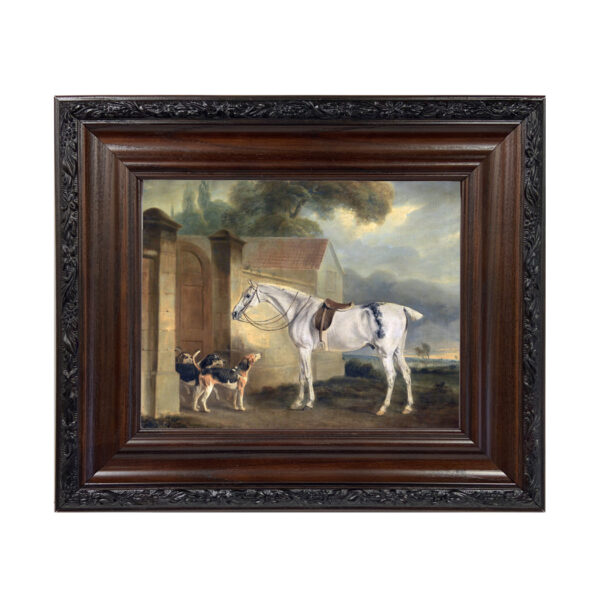 Saddled Grey with Hounds - Reproduction Oil Painting Print on Canvas Framed in a Brown/Black Solid Oak Frame. A 8x10 framed to 12-3/4 x 14-3/4