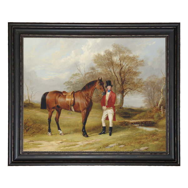 Gentleman Standing Beside Saddled Hunter Framed Oil Painting Print on Canvas in Distressed Black Frame with Bead Accent. A 23-1/2