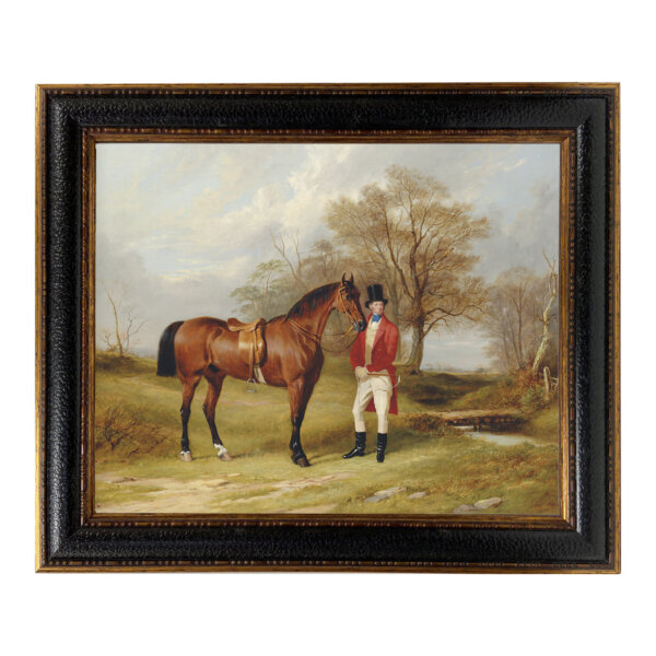 Gentleman Standing Beside Saddled Hunter Framed Oil Painting Print on Canvas in Leather-Looking Black and Antiqued Gold Frame. A 16x20