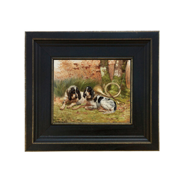 Bluetick Hounds at Rest by Jules Bertrand Gelibert Framed Oil Painting Print on Canvas in Distressed Black Wood Frame. A 5