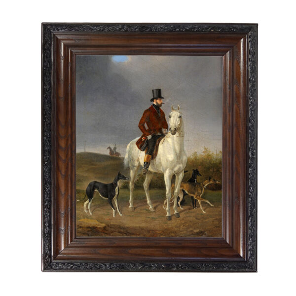 Hunting with Greyhounds by Gustav Quentell Reproduction Oil Painting Print on Canvas Framed in a Brown/Black Solid Oak Frame. A 11x14 framed to 15-1/2 x 18-1/2