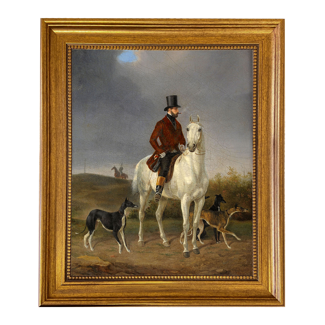 Hunting with Greyhounds by Gustav Quentell Reproduction Oil Painting Print on Canvas Framed in a Brown/Black Solid Oak Frame. A 11x14 framed to 15-1/2 x 18-1/2"