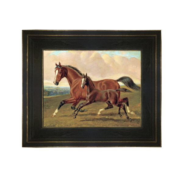 Elder Mare and Foal by John Herring Framed Oil Painting Print on Canvas in Distressed Black Wood Frame. An 8