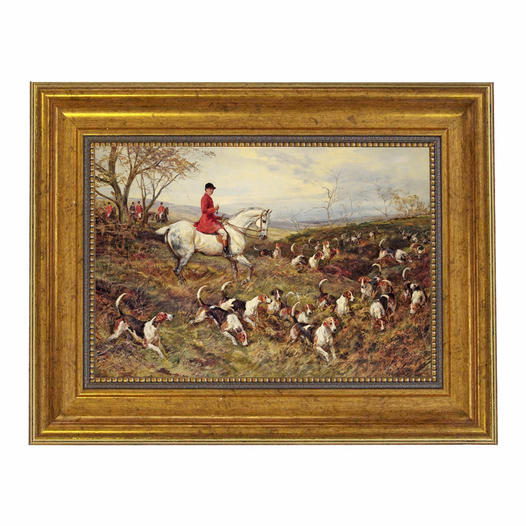 Master of the Hounds by Heywood Hardy Framed Oil Painting Print on Canvas in Antiqued Gold Frame. A 7 x 10 framed to 10-1/2 x 13-1/2.