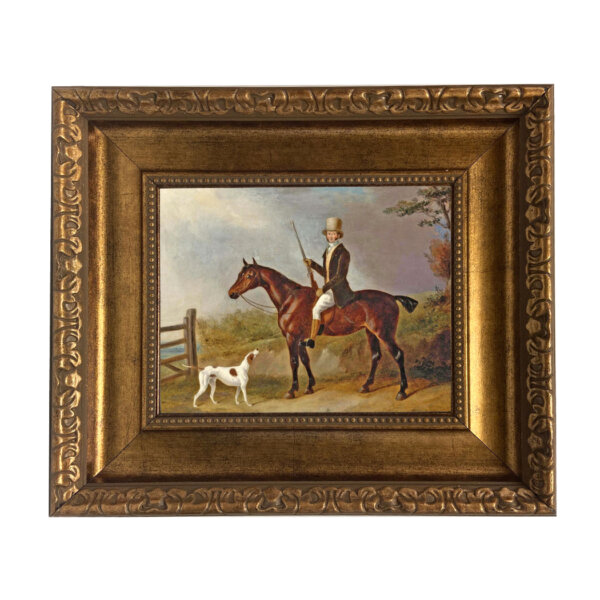 A Gentleman with His Hunter and Pointer by William Barber Oil Painting Print on Canvas in Antiqued Gold Frame. Painting is 8x10