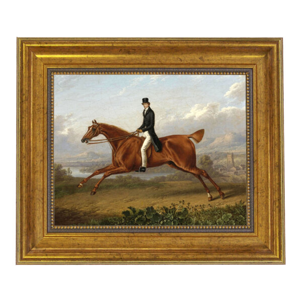 Gentleman on a Galloping Chestnut Horse Oil Painting Print on Canvas in Antiqued Gold Frame. An 8